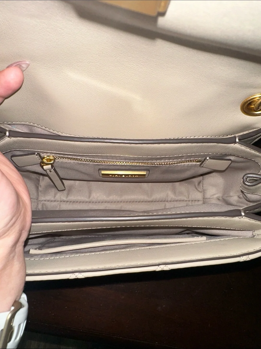 Tory Burch Quilted Beige Leather Shoulder Bag with Gold Chain